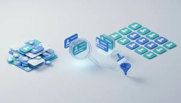 Isometric illustration of duplicate CRM contact cards being identified and merged into a clean contact database