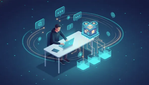 Illustration of a marketer at a laptop with floating search and chat bubbles being automatically gathered by a glowing AI hub