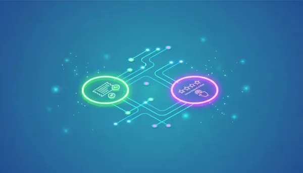 Abstract workflow illustration with two glowing goal nodes: a receipt with a green checkmark for invoice paid and a star rating being clicked for review request clicked, connected by neon au