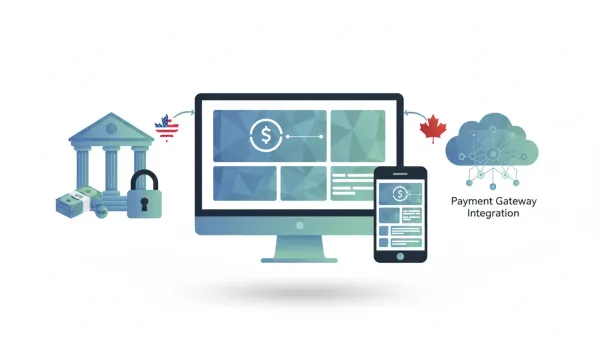 Flat vector illustration of secure ACH bank transfers connecting US and Canadian banks to a CRM dashboard via a payment gateway, showing bank icons, devices, arrows, padlock and currency sym