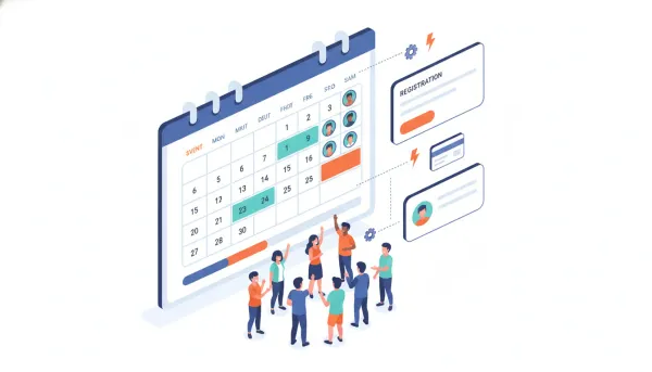 Illustration of an event booking calendar with attendee avatars, capacity progress, registration card, payment icon and CRM integration shown by connecting lines