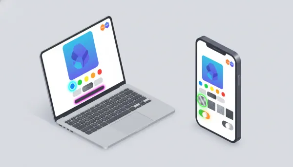 Minimalist illustration of an e-commerce product page on a laptop and smartphone showing visual variant selectors like color swatches, size chips, material tiles, and bundle toggles