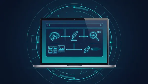 Illustration of an AI writing assistant workflow inside a blog editor, with icons representing SEO and content visuals, shown on a sleek laptop screen without any text.