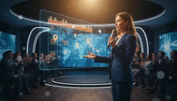 Professional speaker on a conference stage with a translucent calendar and map markers floating behind, audience applauding, symbolizing getting speaking engagements