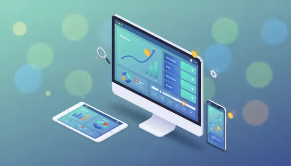 Isometric illustration of a multi-device marketplace earnings dashboard showing revenue, cost, and profit charts, sub-account breakdowns, coins and growth arrows indicating financial analyti