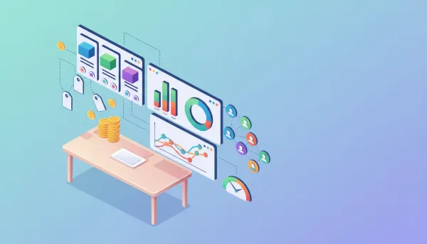 Isometric illustration of an ecommerce analytics dashboard with product cards and variants, stacked coins, charts comparing cost and price, and green/red margin bars