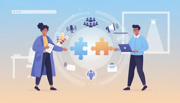 Two diverse experts exchanging puzzle pieces with flowing audience symbols—podcast mic, megaphone, newsletter envelope and silhouettes—symbolizing collaboration to reach each other's audienc