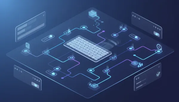 Isometric digital canvas showing interconnected workflow nodes, floating blank keyboard keys, duplicated branches, overlay toggles, automation gears, and a clock