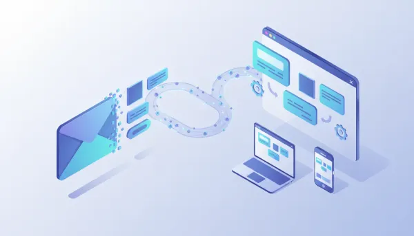 Isometric illustration of an email envelope transforming into editable template blocks flowing into a CRM dashboard with AI data lines and automation icons