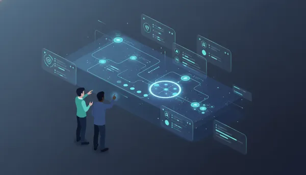Isometric tech dashboard showing AI agent logs and traced decision nodes with engineers inspecting the flow