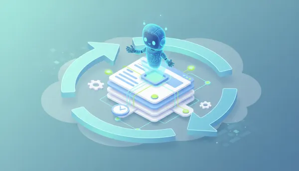 Cloud-based knowledge base with stylized web pages, circular refresh arrows and an AI assistant, representing auto-refresh for HighLevel knowledge base links