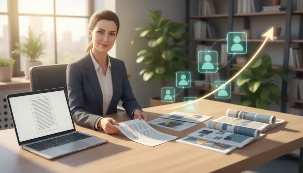 Professional writer submitting a long-form article to multiple industry publications, shown by a laptop, printed manuscript, generic magazines, and floating audience and growth icons.