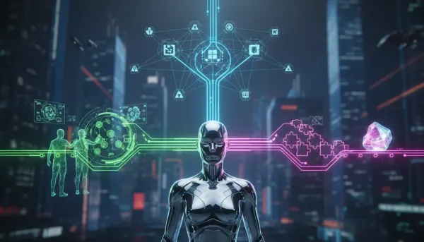 Futuristic illustration showing an AI core with three glowing streams representing connected tools, cowork collaboration, and automated multi-step skills—no text.