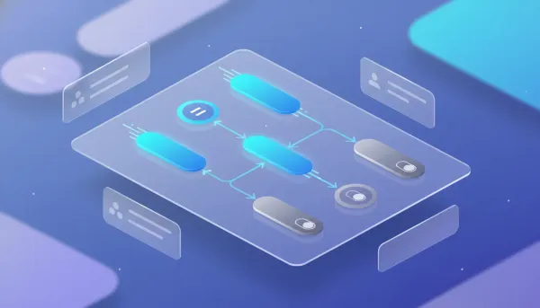 Vector illustration of an automation workflow UI showing bright active nodes and dimmed paused nodes overlaid with pause icons, representing disabling or pausing nodes in an advanced workflo