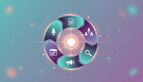 Stylized glowing flywheel with interconnected icons for podcast, article, megaphone, research, events, and audience — a visual metaphor for the visibility flywheel and building a personal br