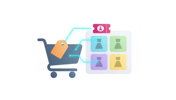 Illustration showing a coupon applying discounts to specific product variant tiles like color and style within a shopping cart, with price tags and glowing connector lines.