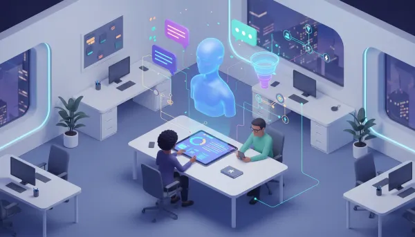 Illustration of an AI conversational assistant projecting automated agency workflows across laptop and mobile devices