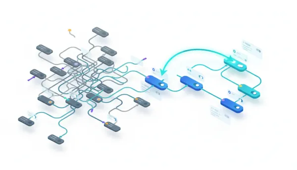 Isometric illustration of a HighLevel workflow showing a messy branching diagram simplified by a glowing shortcut 'Go To' connection that directs contacts to a specific action node