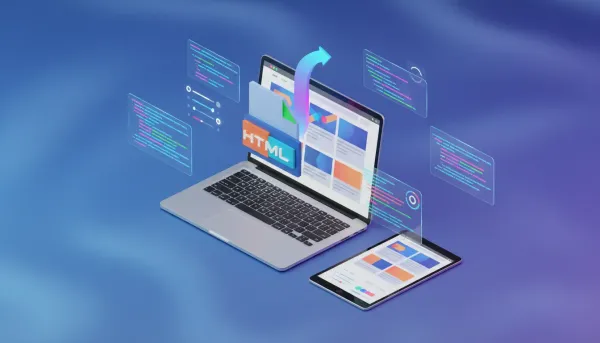 Laptop and tablet showing a responsive web page preview with a stylized file tile and glowing arrow symbolizing uploading a custom HTML page into a WordPress site using HighLevel