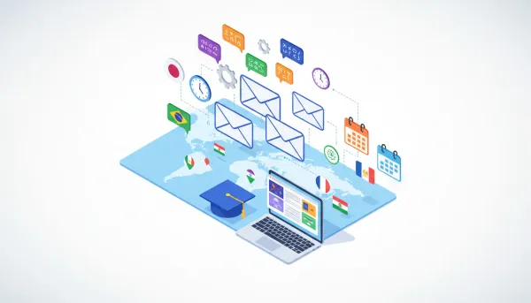 Vector illustration of localized course emails: envelopes over a world map with flags, a laptop showing course tiles, gears for automation, clocks and calendar icons, and speech bubbles with