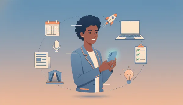 Illustration of a professional person surrounded by icons for calendar, podcast microphone, article, stage, laptop and checklist representing a 30-day personal branding plan