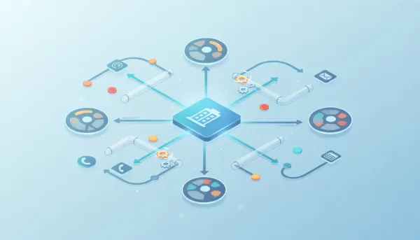 Isometric illustration of a company record linked to contact profiles with routed arrows, automation gears, and colored variable tokens representing personalized workflow routing