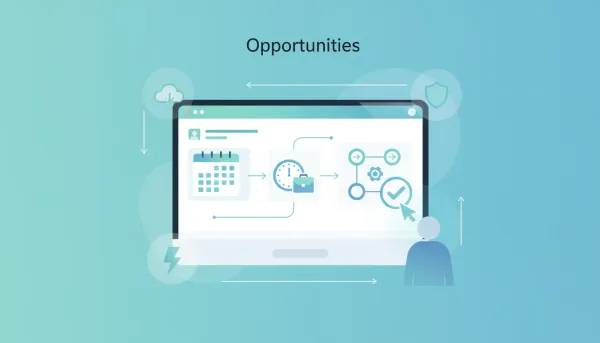 Illustration of a streamlined CRM opportunities dashboard with connected appointment booking flow icons and reduced micro-friction experience, no text.