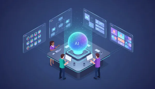 Isometric illustration of an AI workspace inside a marketing platform showing a glowing AI hub linked to CRM panels, automation flowcharts, and marketers collaborating.