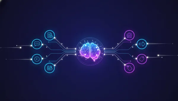 Neon event-driven AI network illustrating real-time triggers flowing into an AI core for instant responses in a CRM workflow.