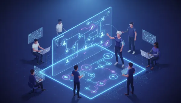 Isometric 3D illustration of a glowing visual canvas with interconnected nodes and abstract AI avatars representing agent workflows in a modern tech workspace