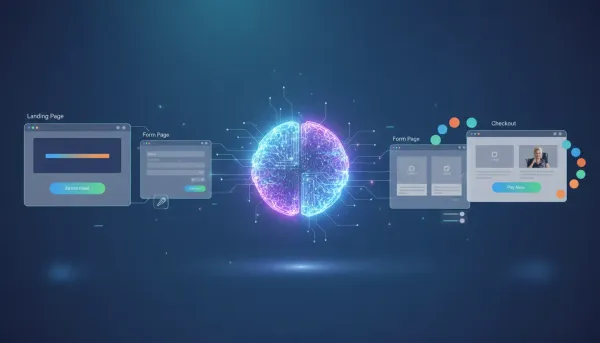 Abstract illustration of an AI assistant editing a multi-step website funnel, adjusting headlines, button styles, and brand colors across layered page mockups