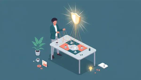 Founder pulling glowing threads from everyday moments that weave into a single brand emblem above an abstract market map, visual metaphor for finding a brand story and owning market position