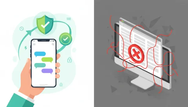 Split-screen illustration: a user interacting with a streamlined chat widget on a smartphone with a green shield and checkmark indicating approval, contrasted with a cluttered traditional we