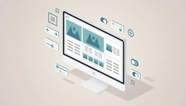 Illustration of a desktop e-commerce product page editor showing product image and details panels with adjustable media size and left/right layout alignment, no text
