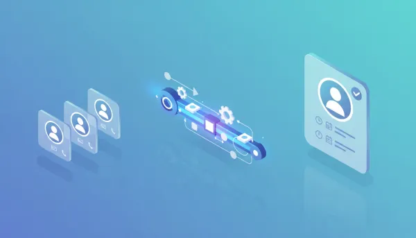 Isometric illustration of duplicate CRM contact cards being merged into one clean contact via an automated workflow with gears and arrows, representing merge contact automation in a CRM