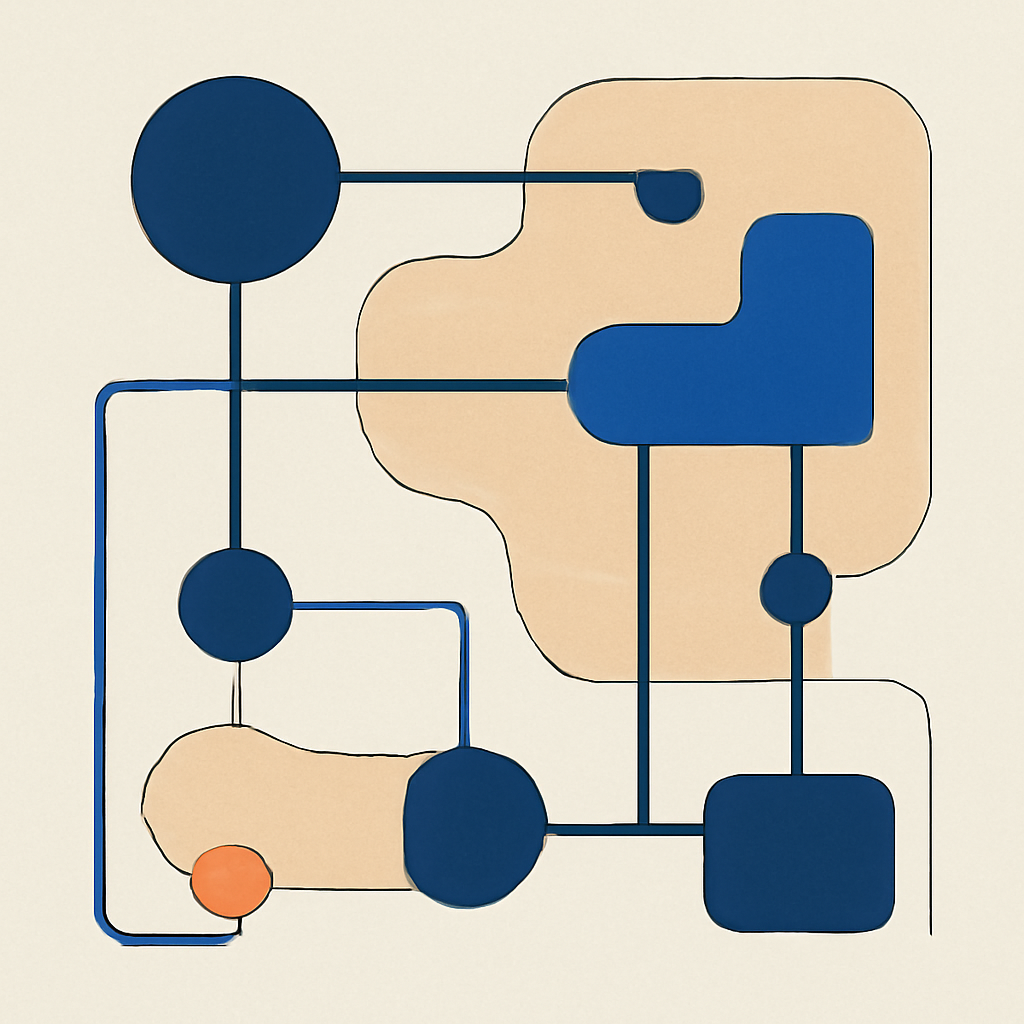 Minimalist architectural diagram showing mechanical nodes intersecting with warm organic shapes, studio lighting, modern slate blue background, high detail abstract 3D render