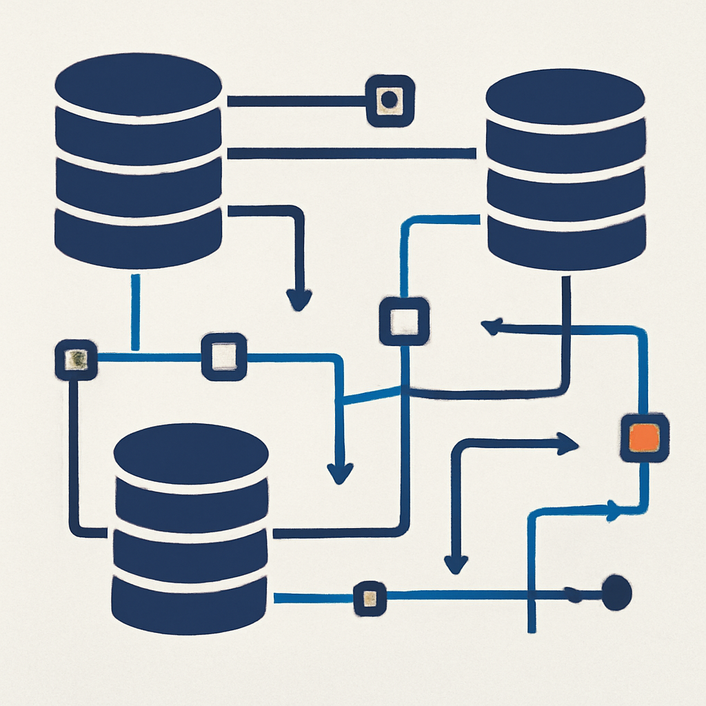 A minimalist technical blueprint showing interconnected database nodes and structured workflow lines on a dark slate grey background.