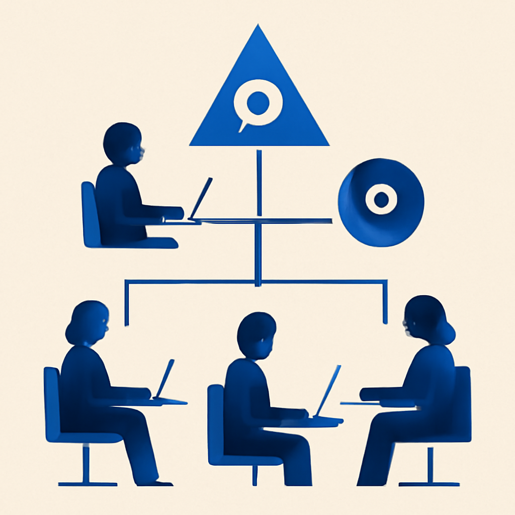 Illustration of an organized team pairing people with AI assistants.