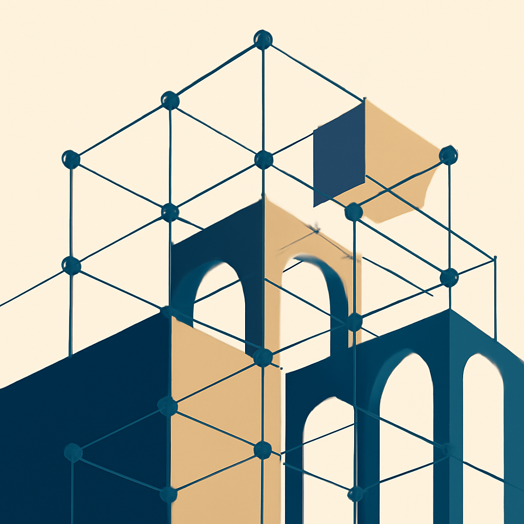 An abstract 3D illustration of interconnected geometric nodes forming an expansive architectural structure in warm navy and muted gold tones, clean professional design, no text, no logos.