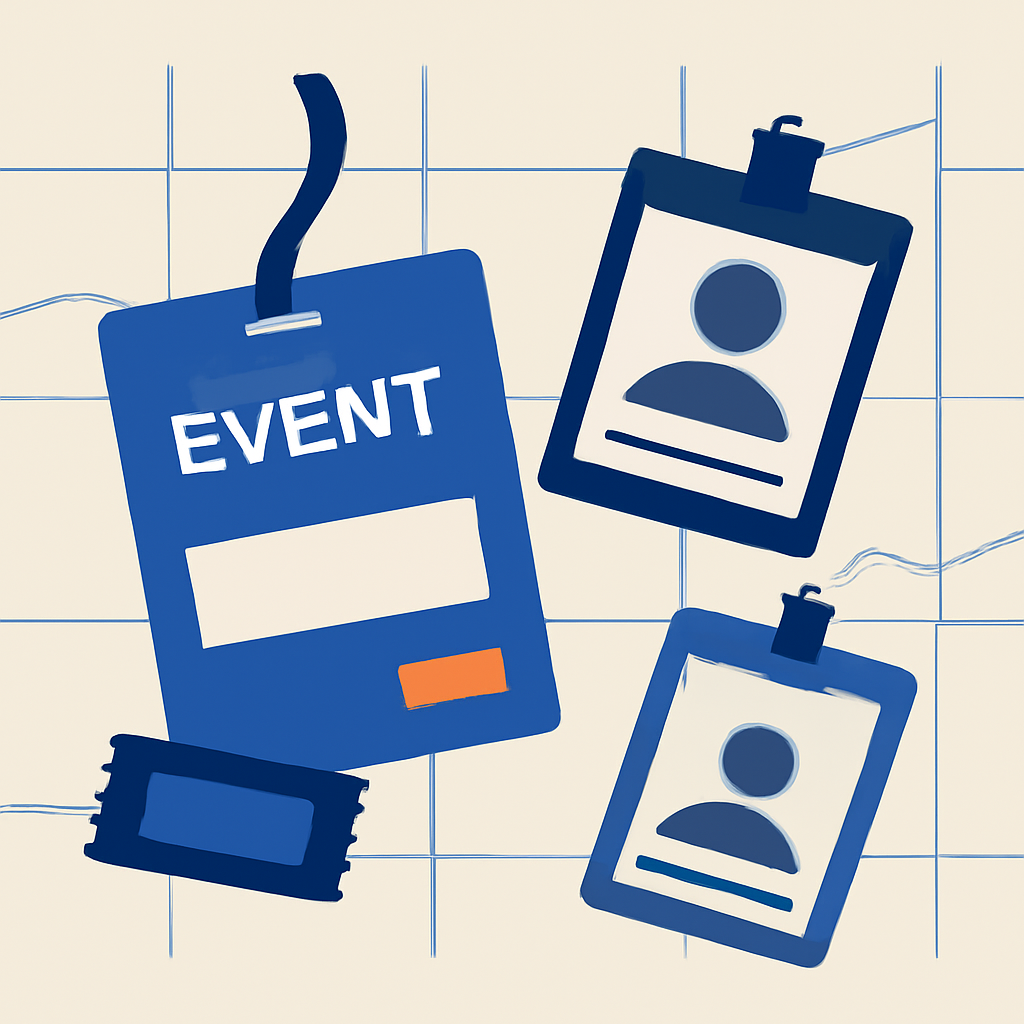 Minimalist vector illustration of event ticket passes and guest profile cards floating over an abstract dashboard grid.