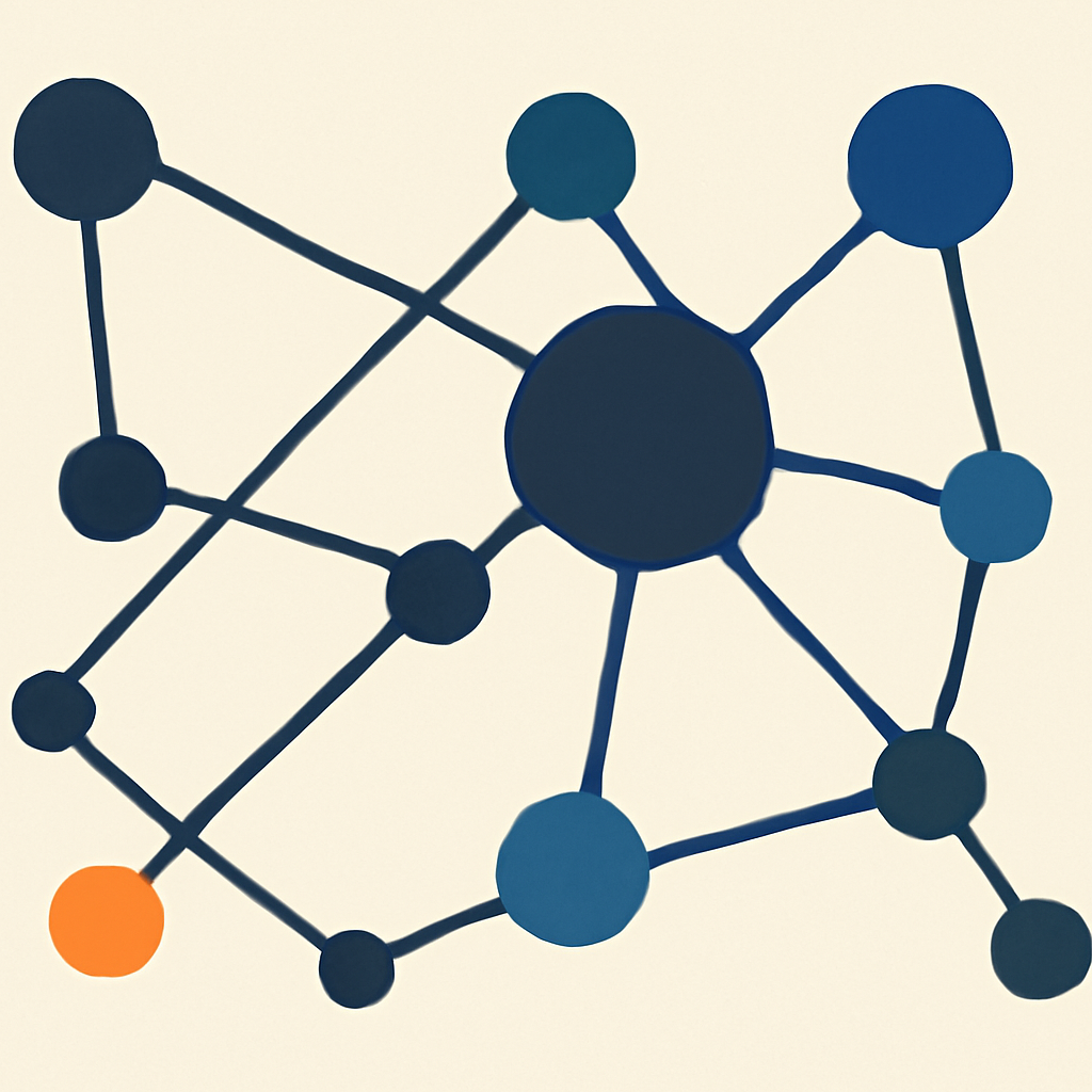 An abstract illustration of interconnected node networks in slate blue and charcoal tones, clean corporate design, no text, no logos
