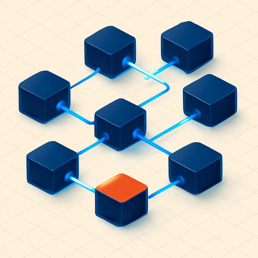Abstract digital node diagram showing glowing connected blocks duplicating across a clean dark grid background, modern tech vector illustration, professional, no text, no logos