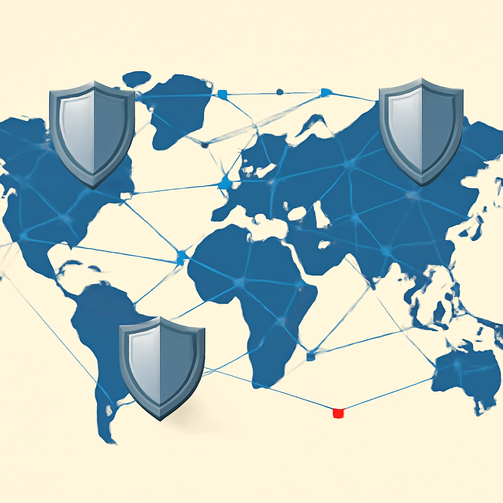 An abstract geometric representation of a global network mesh with secure metallic shields hovering over regional nodes, clean corporate lighting, minimal style.