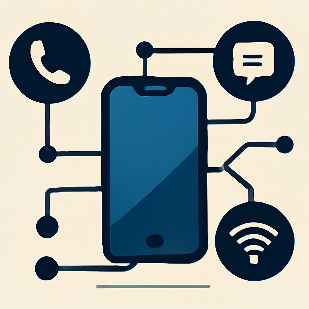 An abstract, professional illustration representing mobile connectivity, showing phone icons and data nodes linking together on a sleek dark backdrop