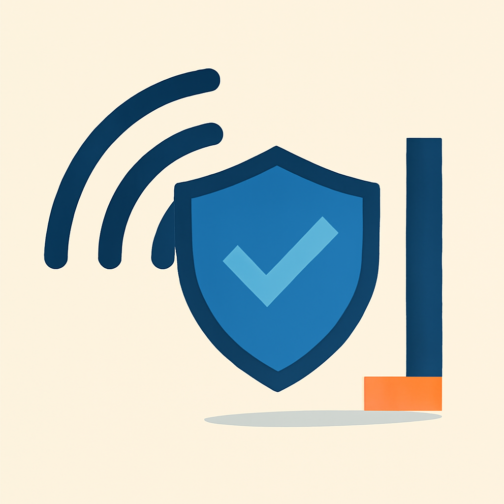 Minimalist abstract illustration showing telephone signal waves passing through a verification shield icon, clean geometry, corporate blue and slate palette, no text