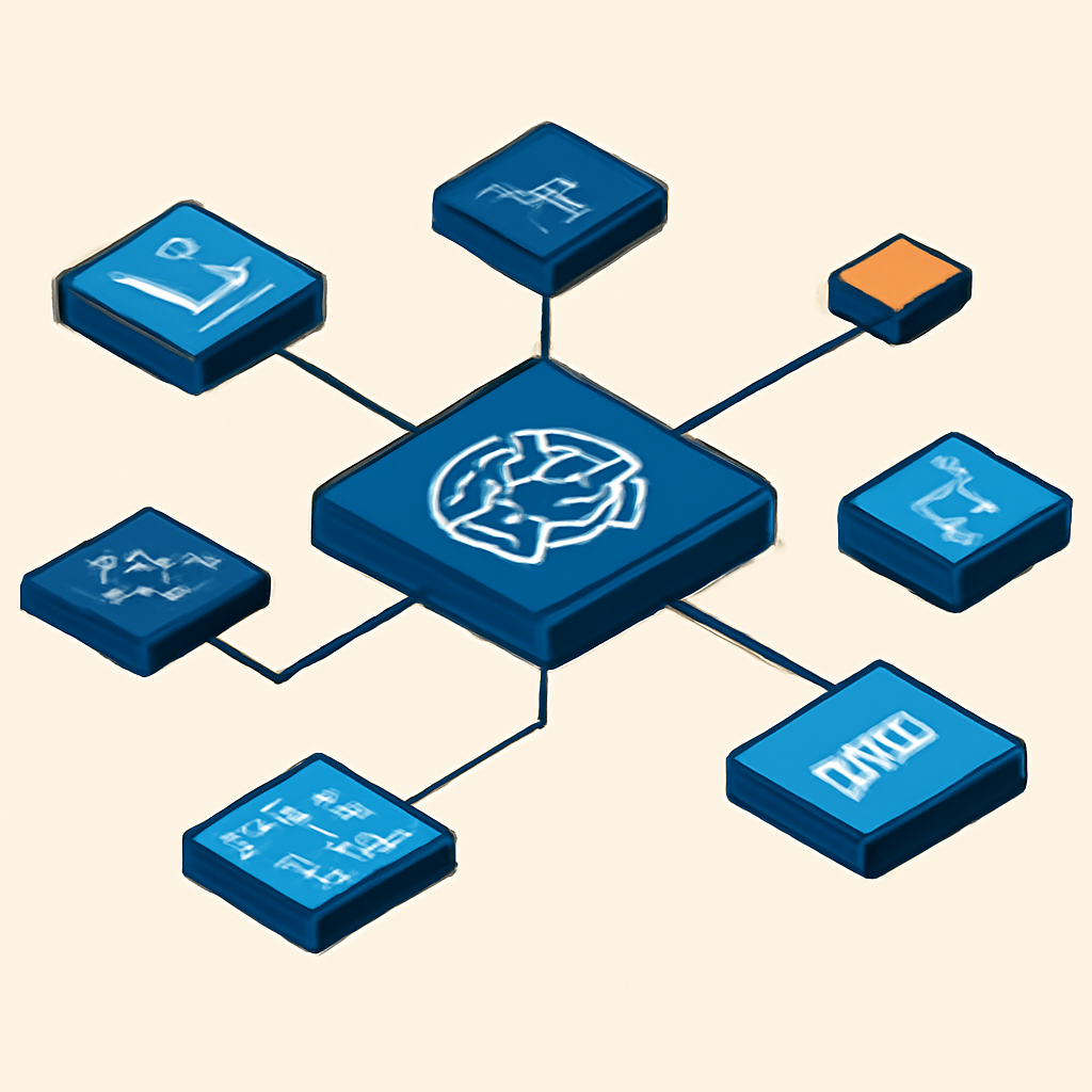 An abstract isometric illustration showing structured digital information nodes connecting to a central intelligence grid, clean minimalist corporate palette, dark blue and slate accents.