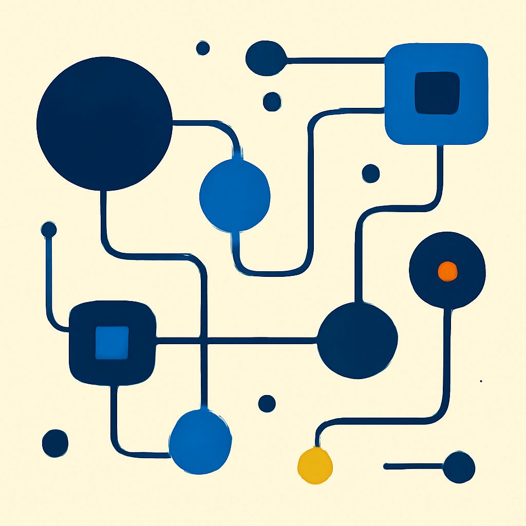 An abstract geometric visualization of interconnected digital nodes and communication pathways set against a dark indigo background with subtle warm gold accents.