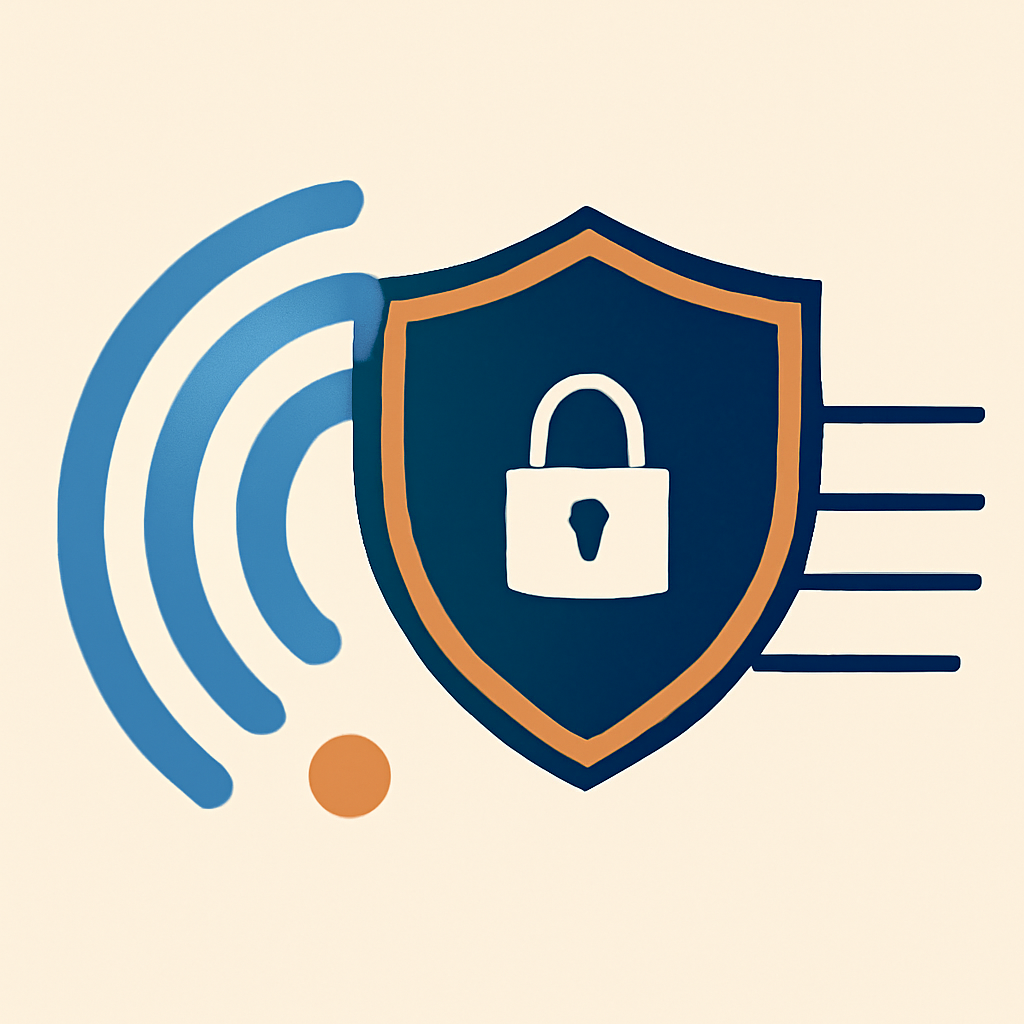 An abstract digital illustration showing clean signal waves passing through a secure shield icon, dark blue and copper color palette, technical and professional minimal design.