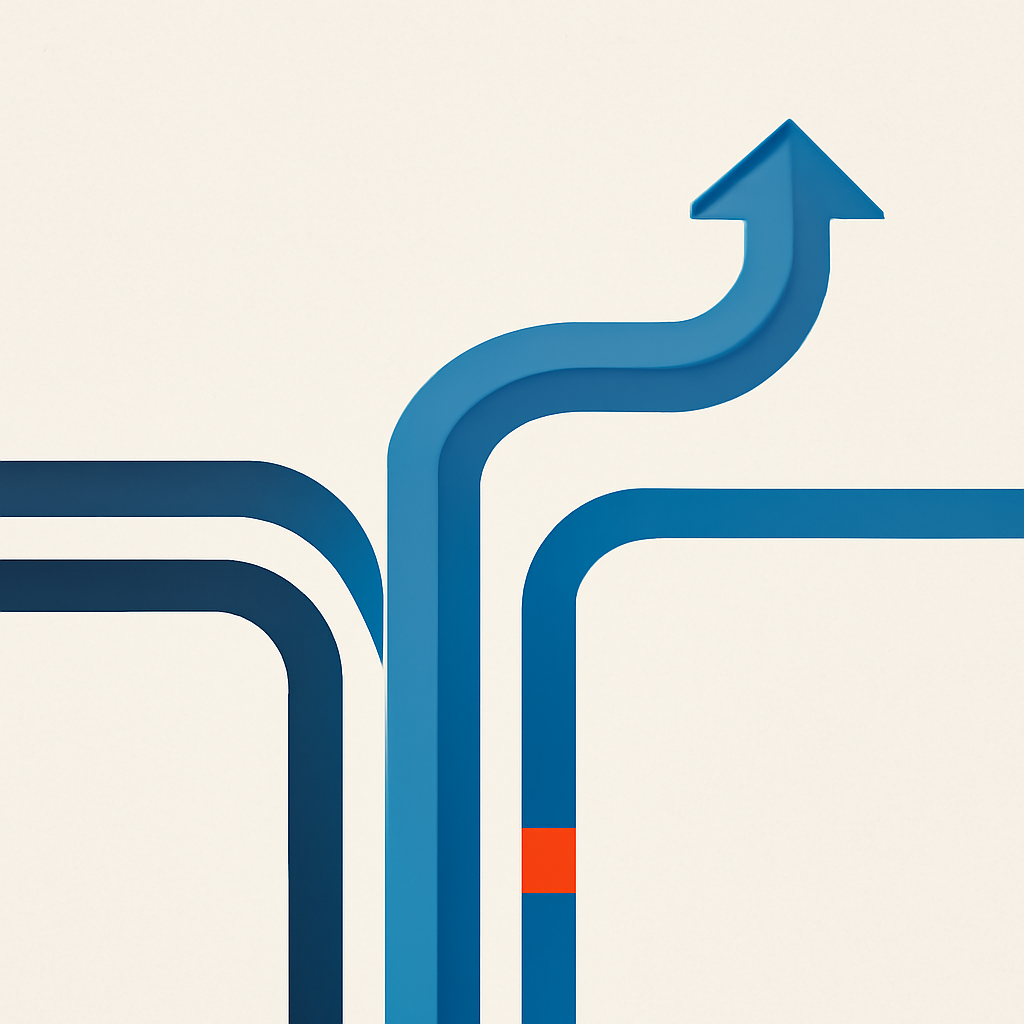 A minimal, clean abstract vector illustration of two parallel workflow paths merging smoothly, dark slate blue background, geometric lines, modern software aesthetic, professional, no text, no logos.
