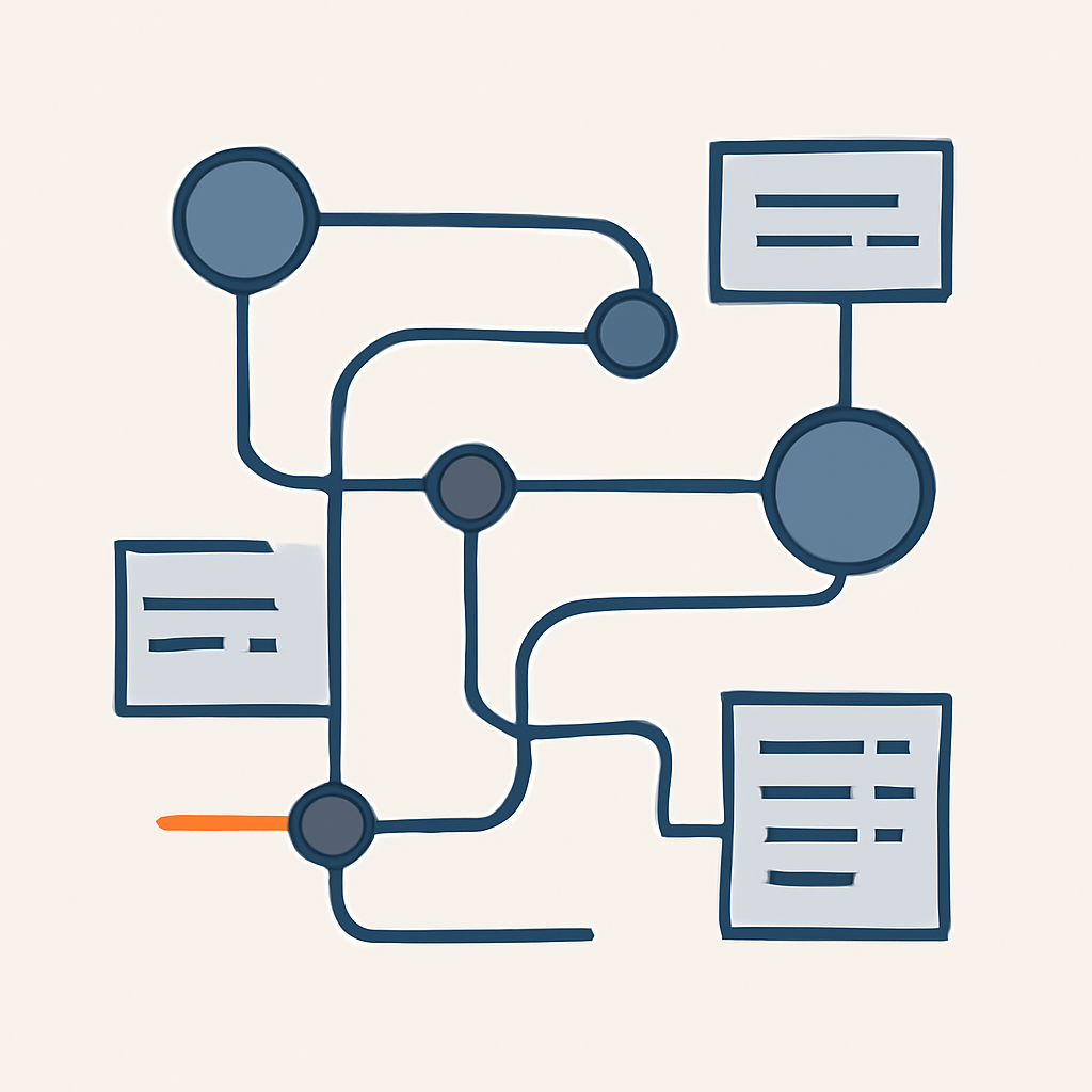 Minimalist abstract diagram showing interconnected nodes, workflow paths, and structured data blocks in cool grey, slate, and subtle accent lines, modern corporate style, vector style.